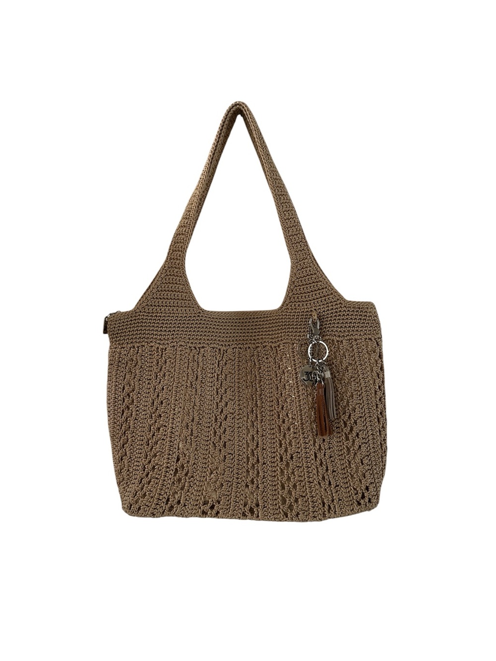 The Sak Tan Crochet Gold Underlay Tote Bag with Tassel Charm Like New